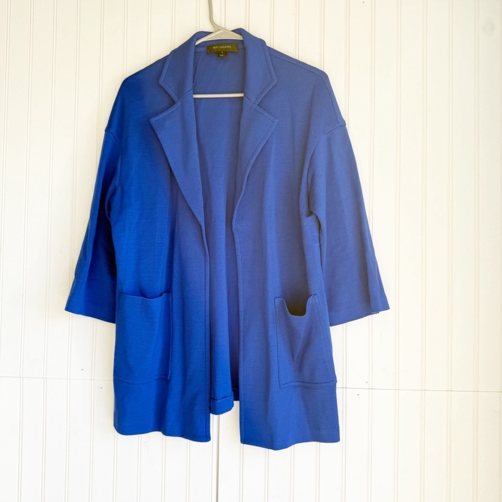 St. John Size 10 Royal Blue Open Front Knit Jacket Cardigan
